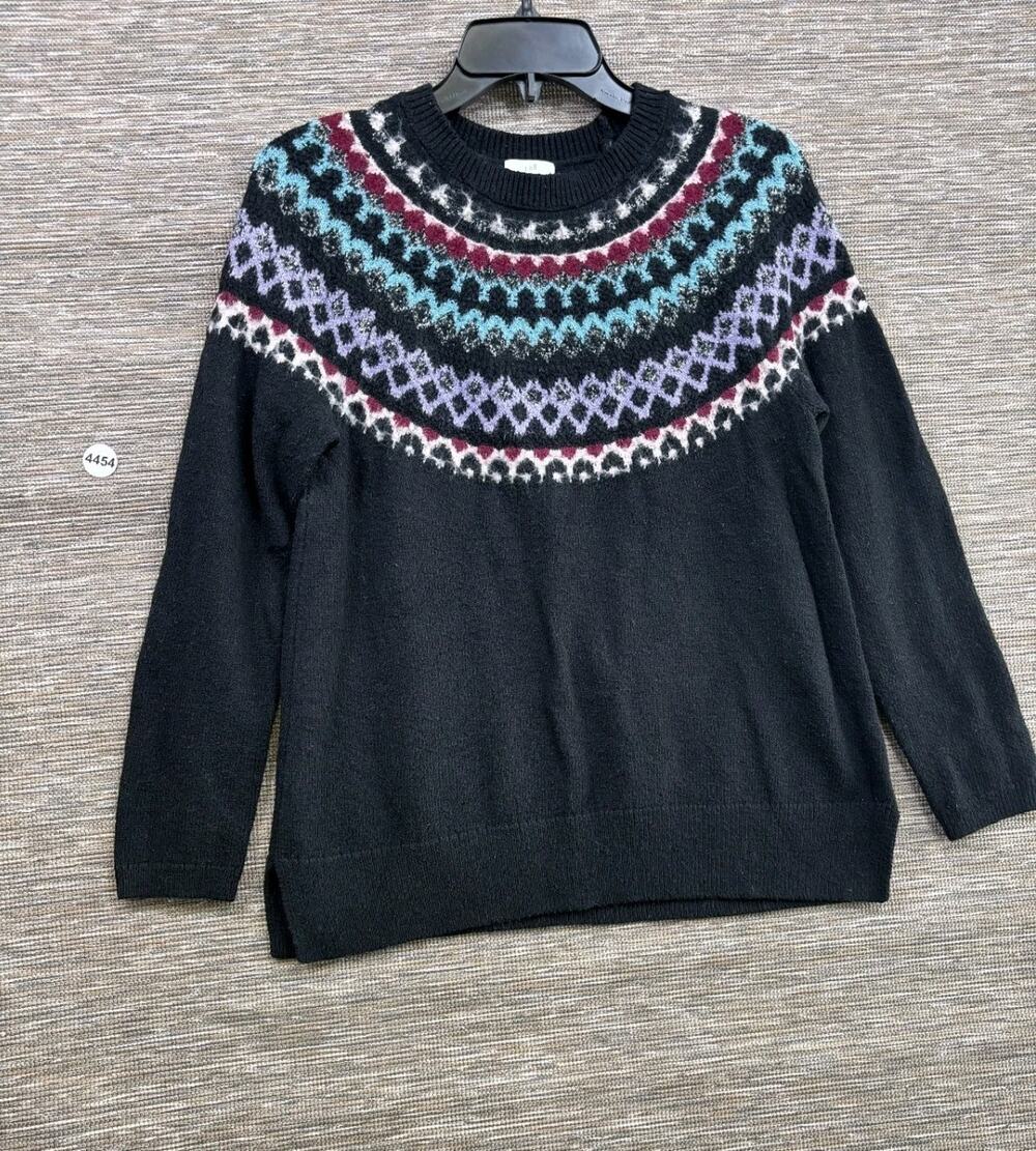 J Jill Knit Sweater Womens Size S Black Fair Isle Eyelash Nordic Pullover
